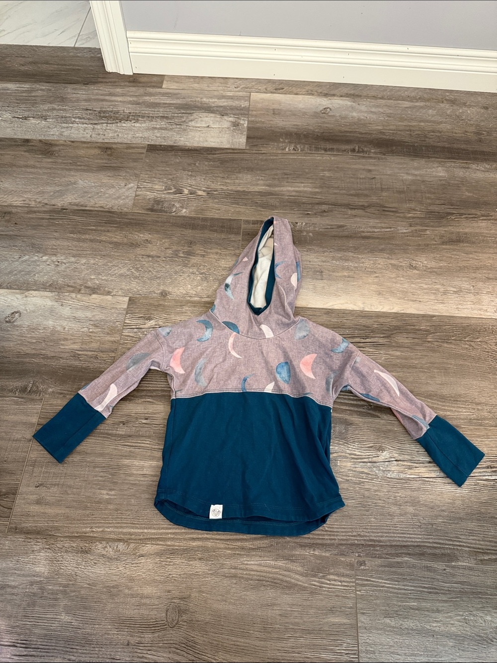 Kids Hooded Long Sleeve Top in Blue and Mauve Crescent Print